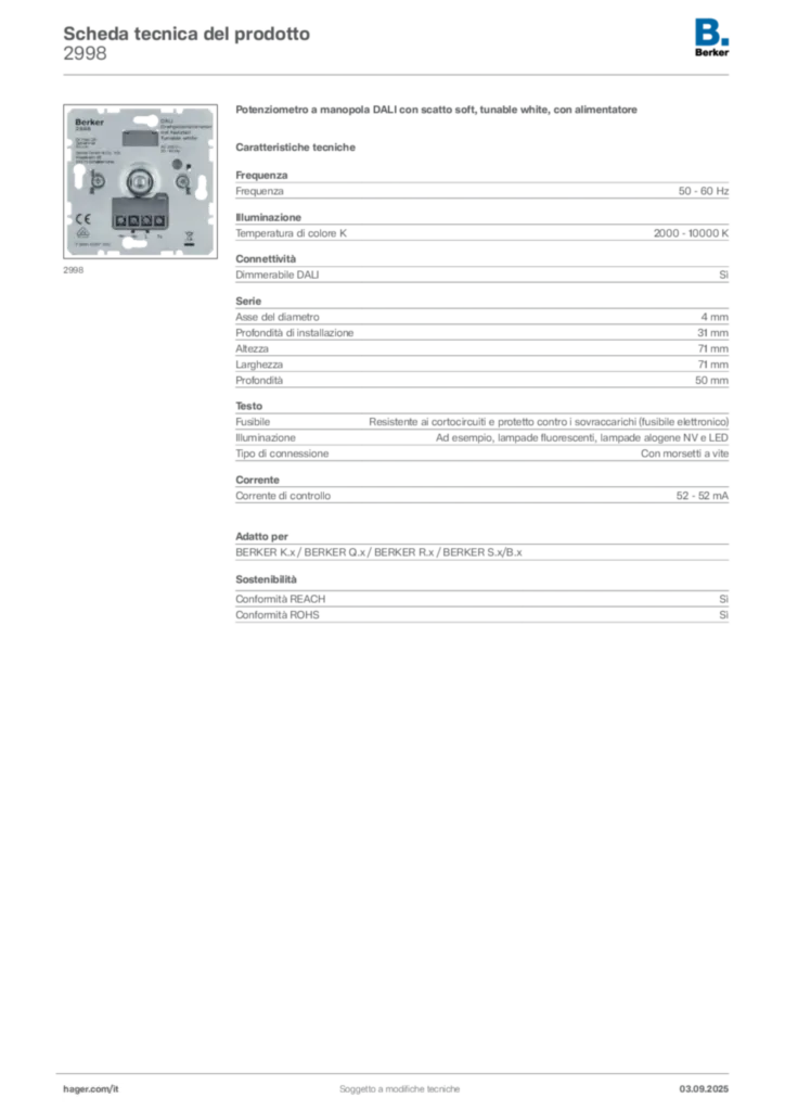 Immagine Berker Scheda tecnica del prodotto 2998 | Hager Italia