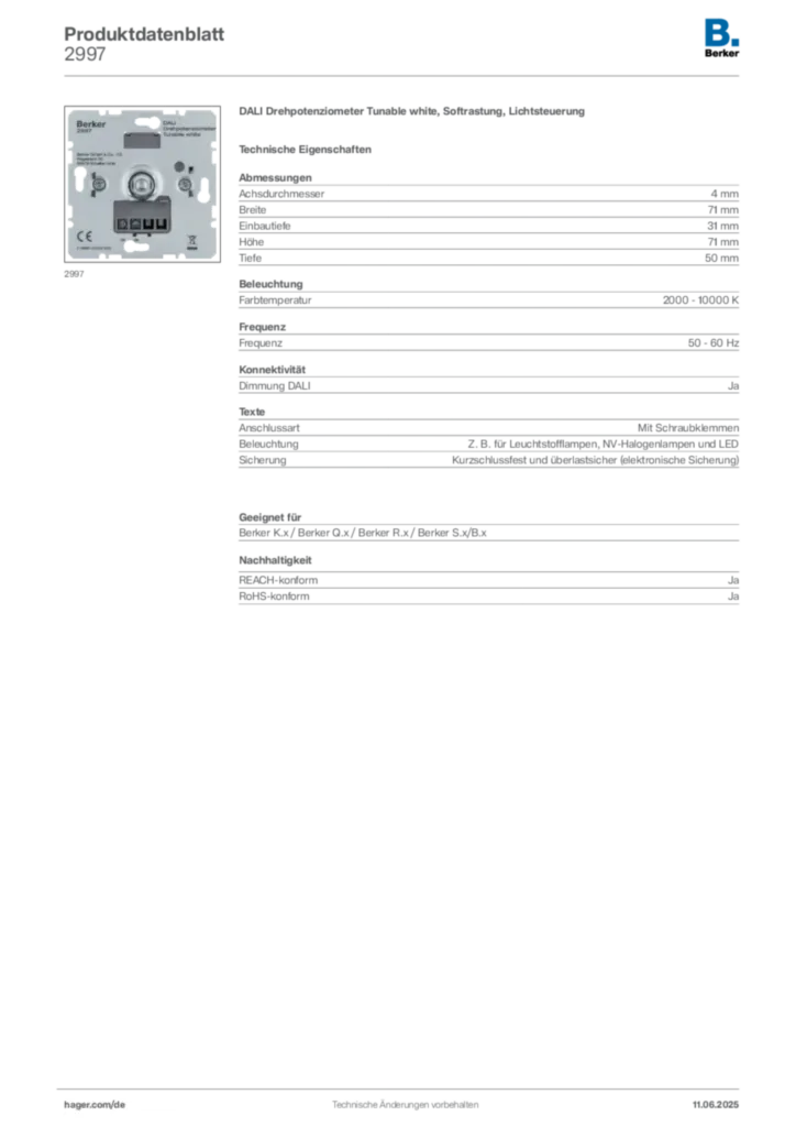 Bild Berker Produktdatenblatt 2997 | Hager Deutschland