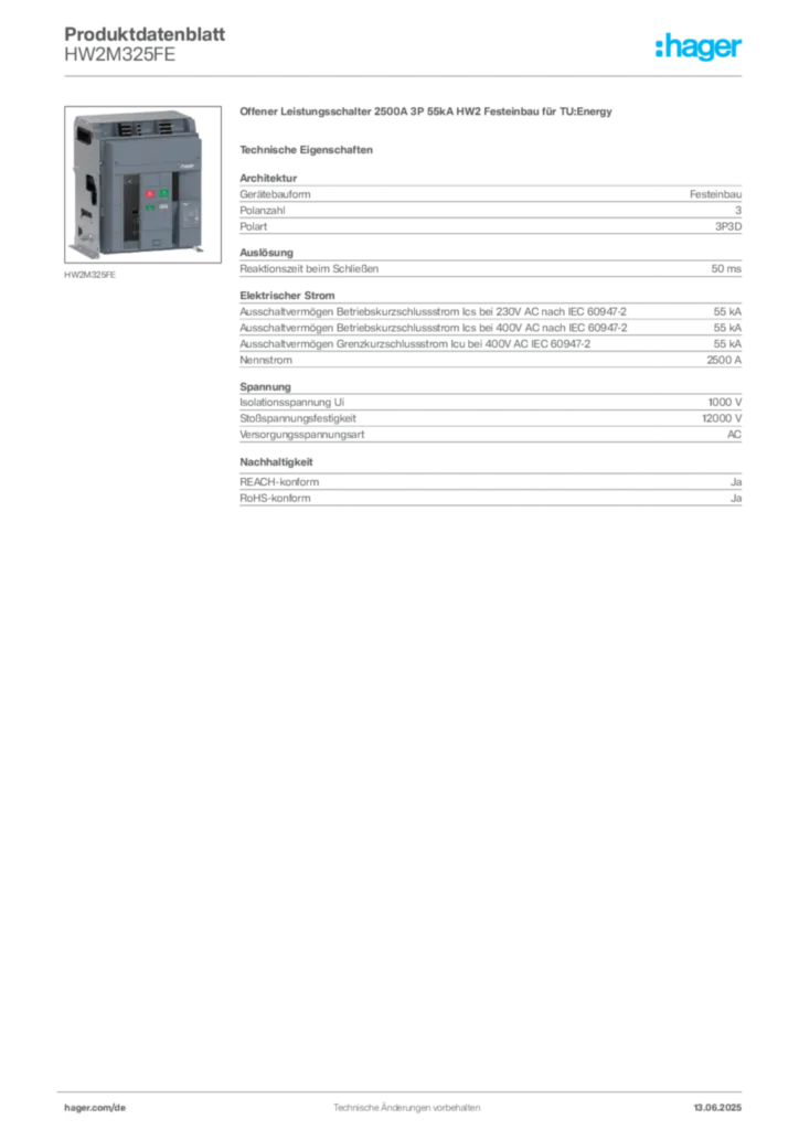 Bild Hager Produktdatenblatt HW2M325FE | Hager Deutschland