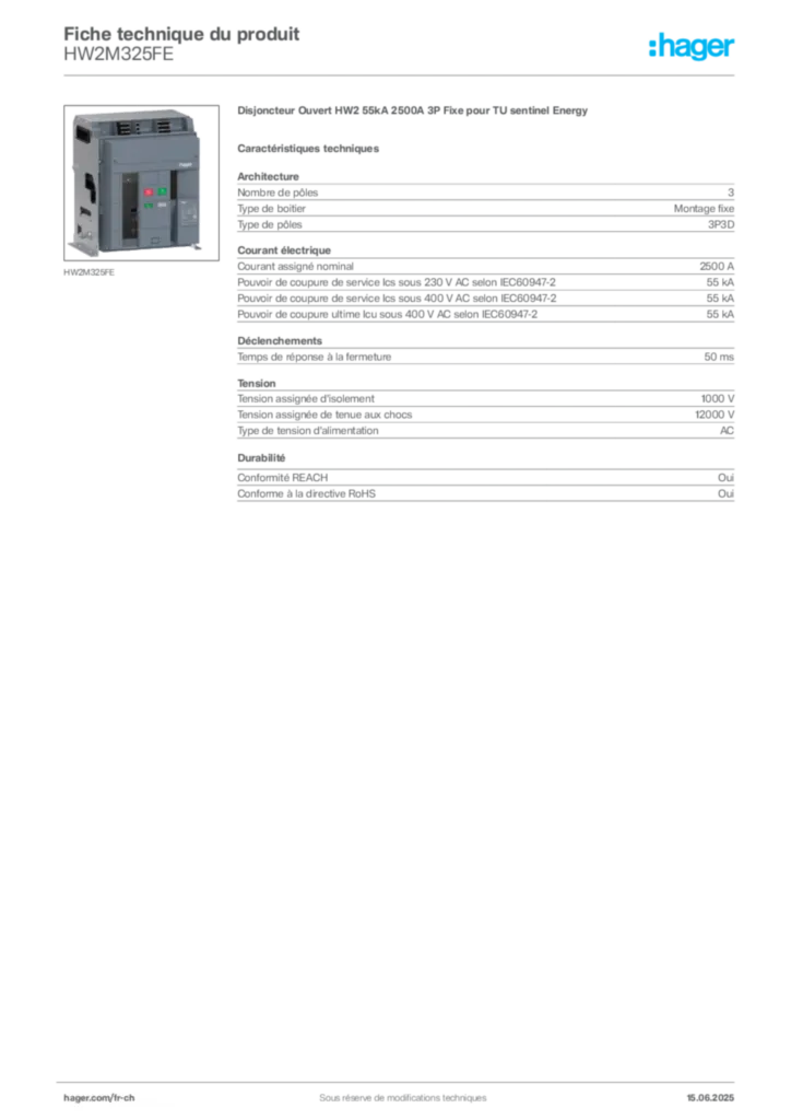 Image Hager Fiche technique du produit HW2M325FE | Hager Suisse