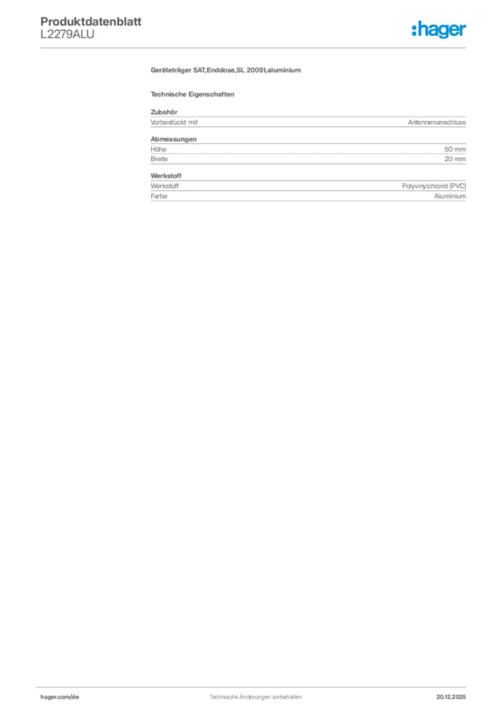 Bild Hager Produktdatenblatt L2279ALU | Hager Deutschland