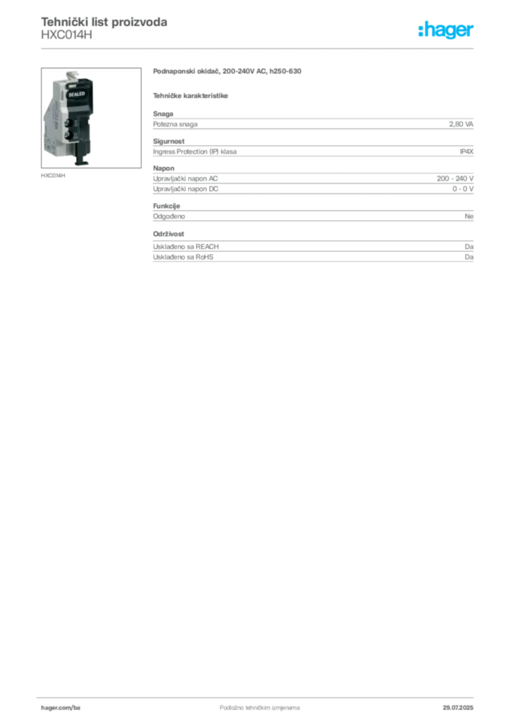 Slika Hager Product data sheet HXC014H  | Hager