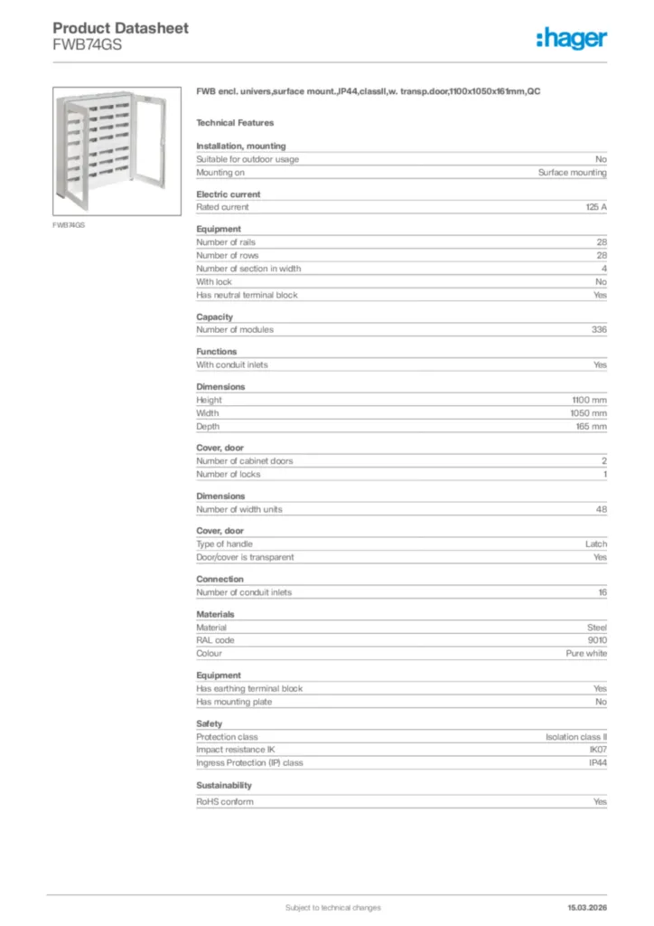 Image Hager Product data sheet FWB74GS  | Hager Africa