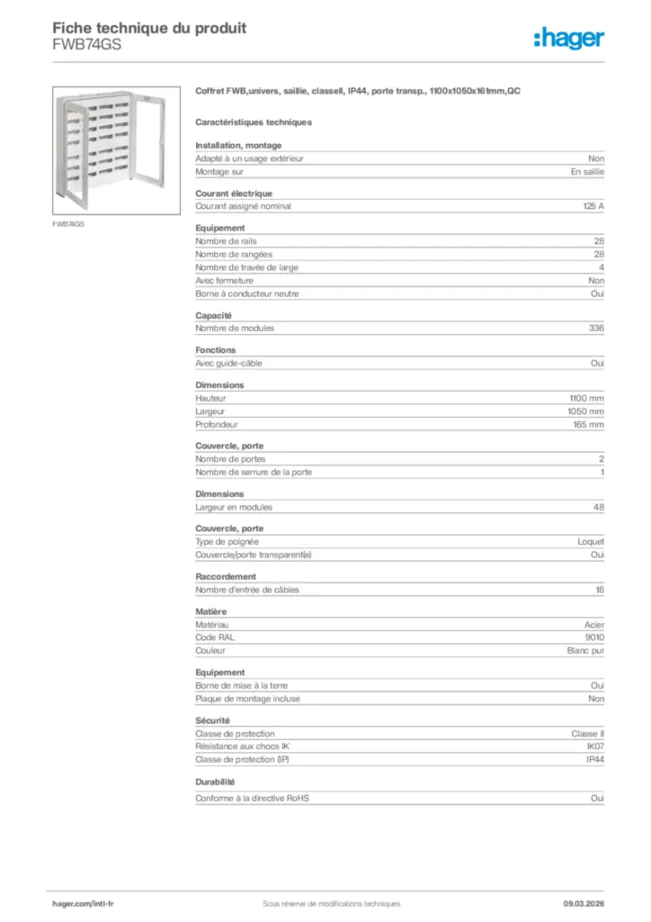 Image Hager Fiche technique du produit FWB74GS | Hager Afrique