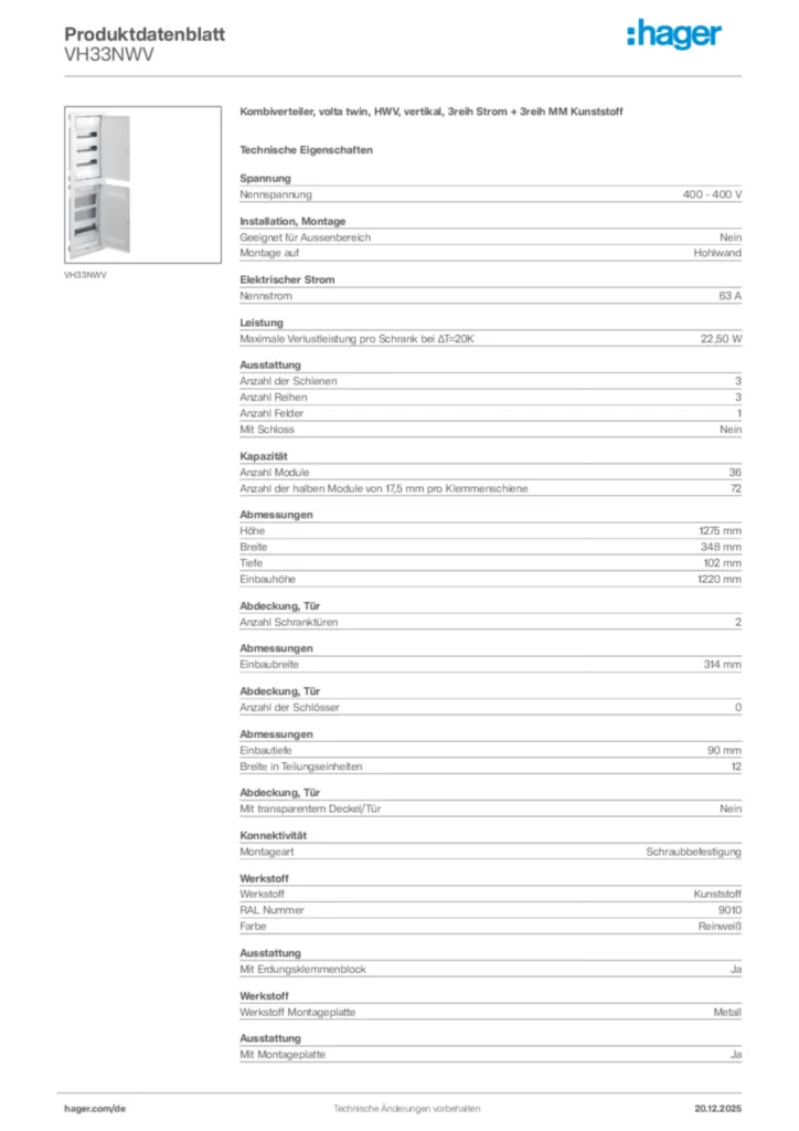 Bild Hager Produktdatenblatt VH33NWV | Hager Deutschland