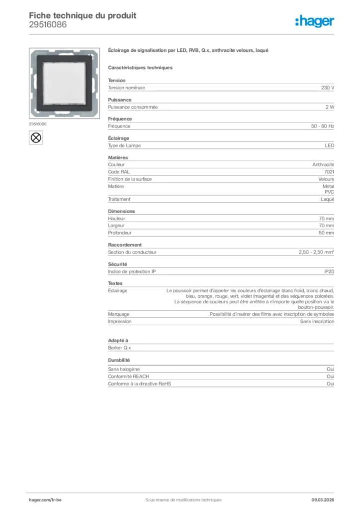 Image Hager Fiche technique du produit 29516086 | Hager Belgique