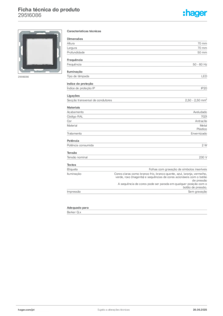 Imagem Hager Ficha técnica do produto 29516086 | Hager Portugal