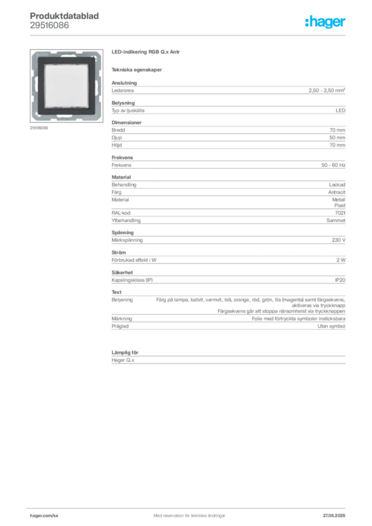 Bild Hager Produktdatablad 29516086 | Hager Sverige