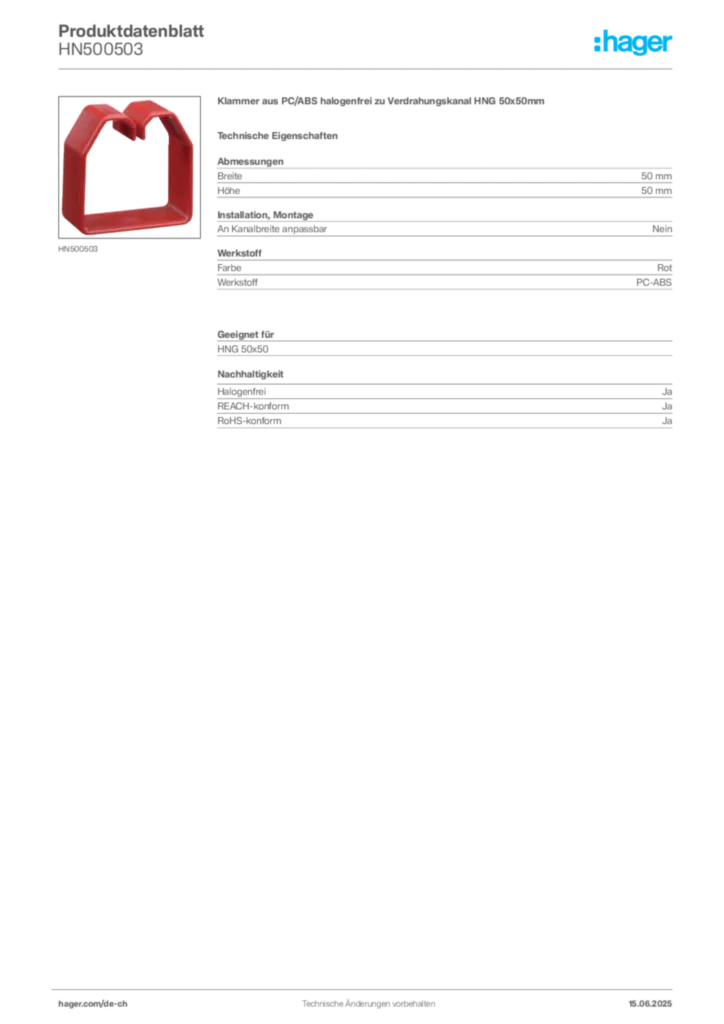Bild Hager Produktdatenblatt HN500503 | Hager Schweiz
