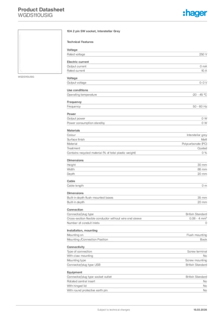Image Hager Product data sheet WGDS110USIG  | Hager Africa