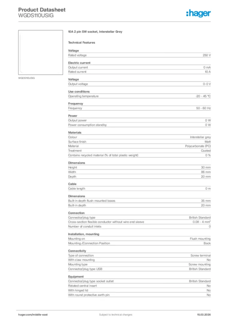 Image Hager Product data sheet WGDS110USIG  | Hager