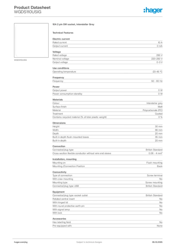 Image Hager Product data sheet WGDS110USIG  | Hager