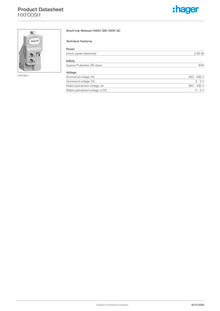 Image Hager Product data sheet HXF005H  | Hager Africa