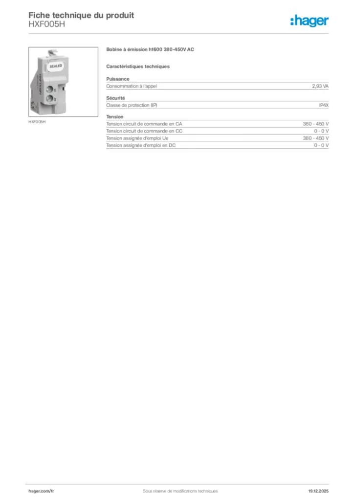 Image Hager Fiche technique du produit HXF005H | Hager France