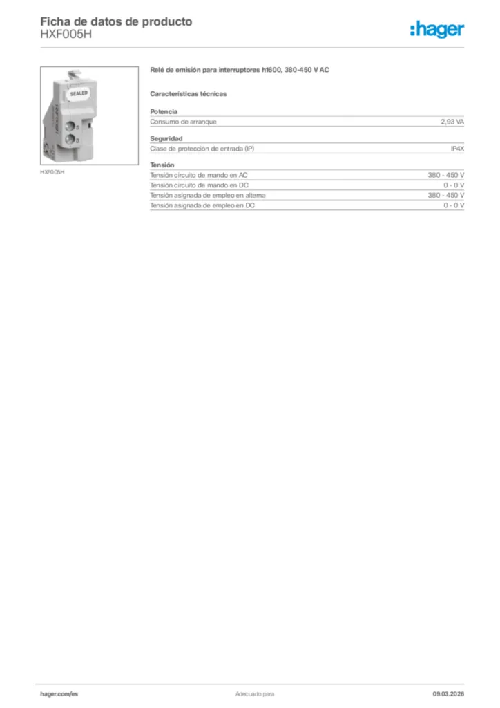 Imagen Hager Ficha de datos de producto HXF005H | Hager España