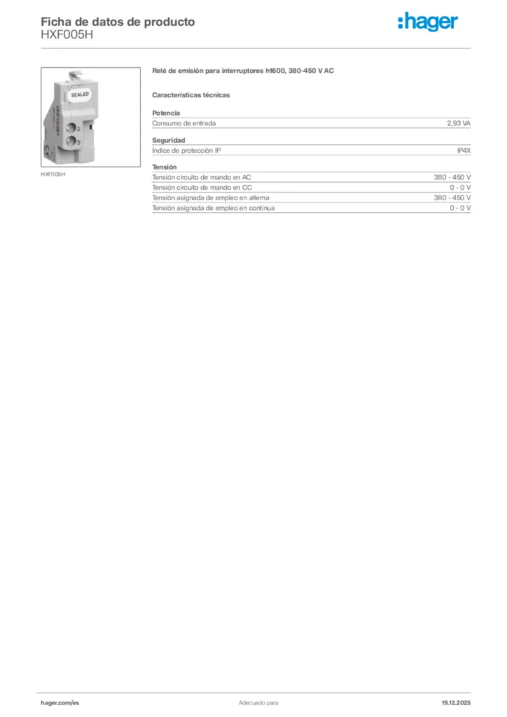 Imagen Hager Ficha de datos de producto HXF005H | Hager España