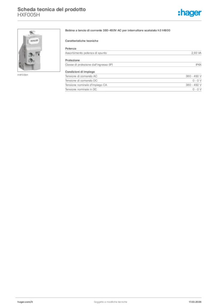 Immagine Hager Scheda tecnica del prodotto HXF005H | Hager Italia