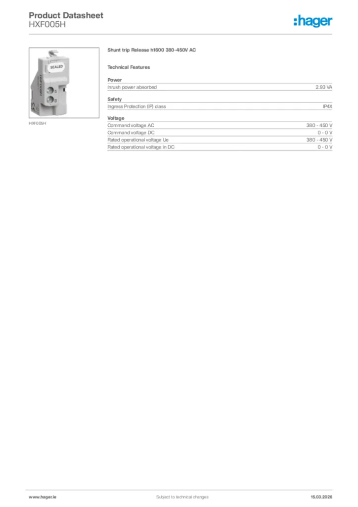 Image Hager Product data sheet HXF005H  | Hager