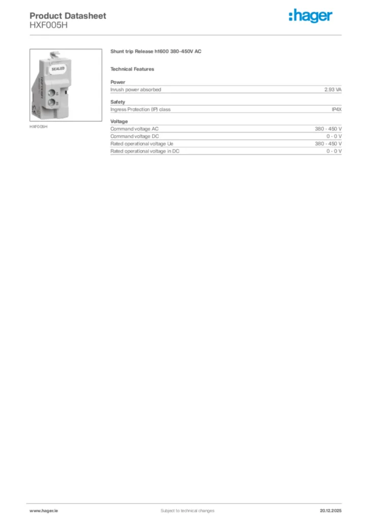 Image Hager Product data sheet HXF005H  | Hager