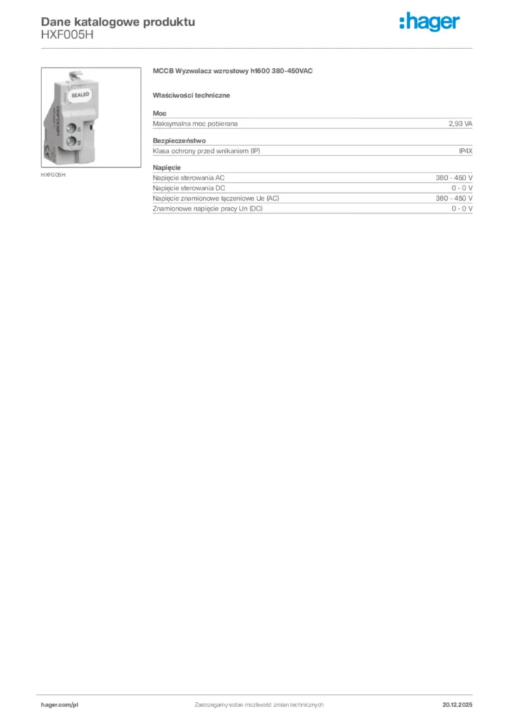 Zdjęcie Hager Karta katalogowa HXF005H | Hager Polska