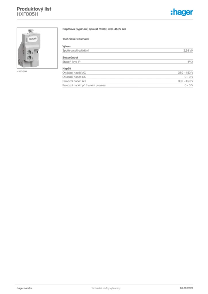 Obrázek Hager Product data sheet HXF005H | Hager