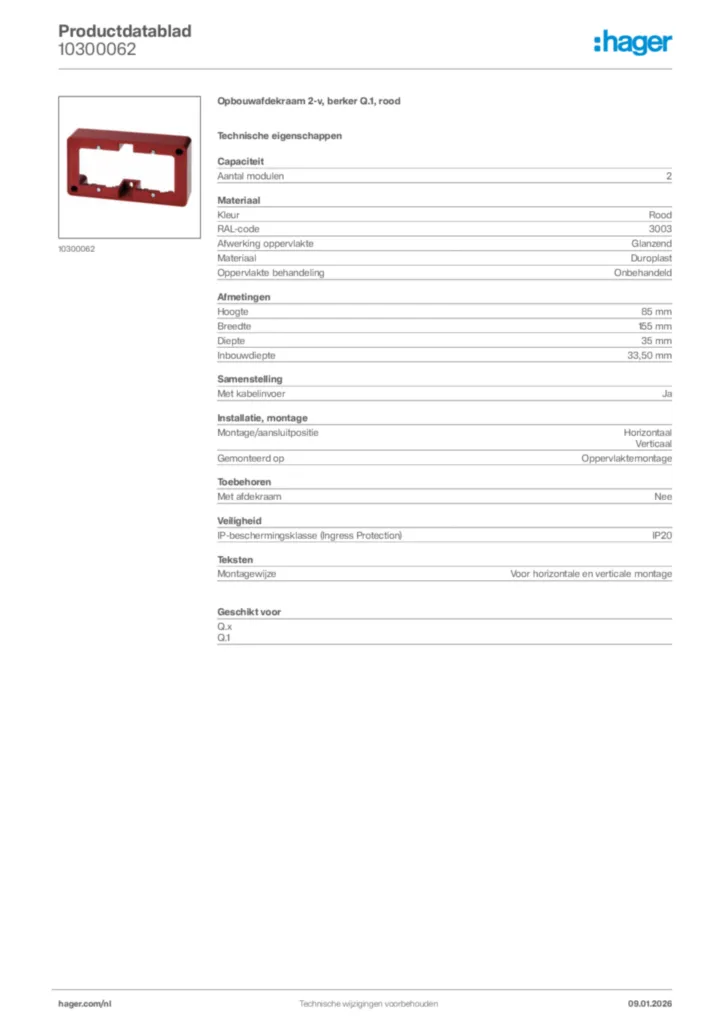 Afbeelding Hager Productdatablad 10300062 | Hager Nederland