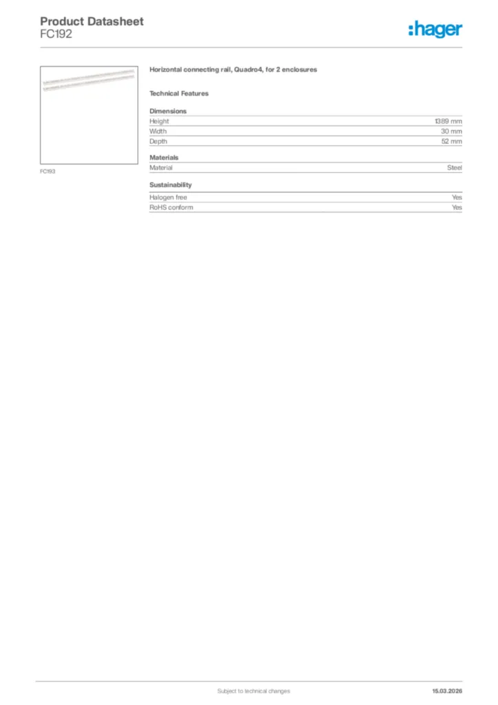 Image Hager Product data sheet FC192  | Hager Africa