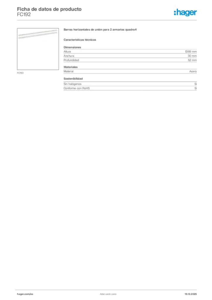 Imagen Hager Ficha de datos de producto FC192 | Hager España