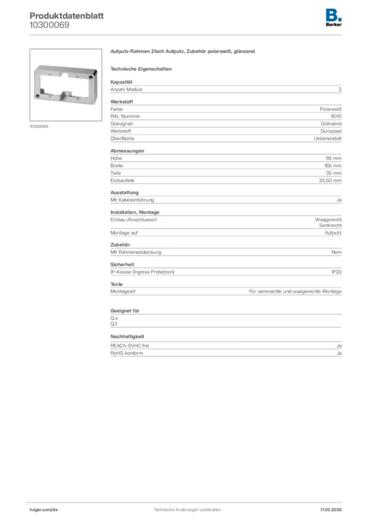 Bild Berker Produktdatenblatt 10300069 | Hager Deutschland