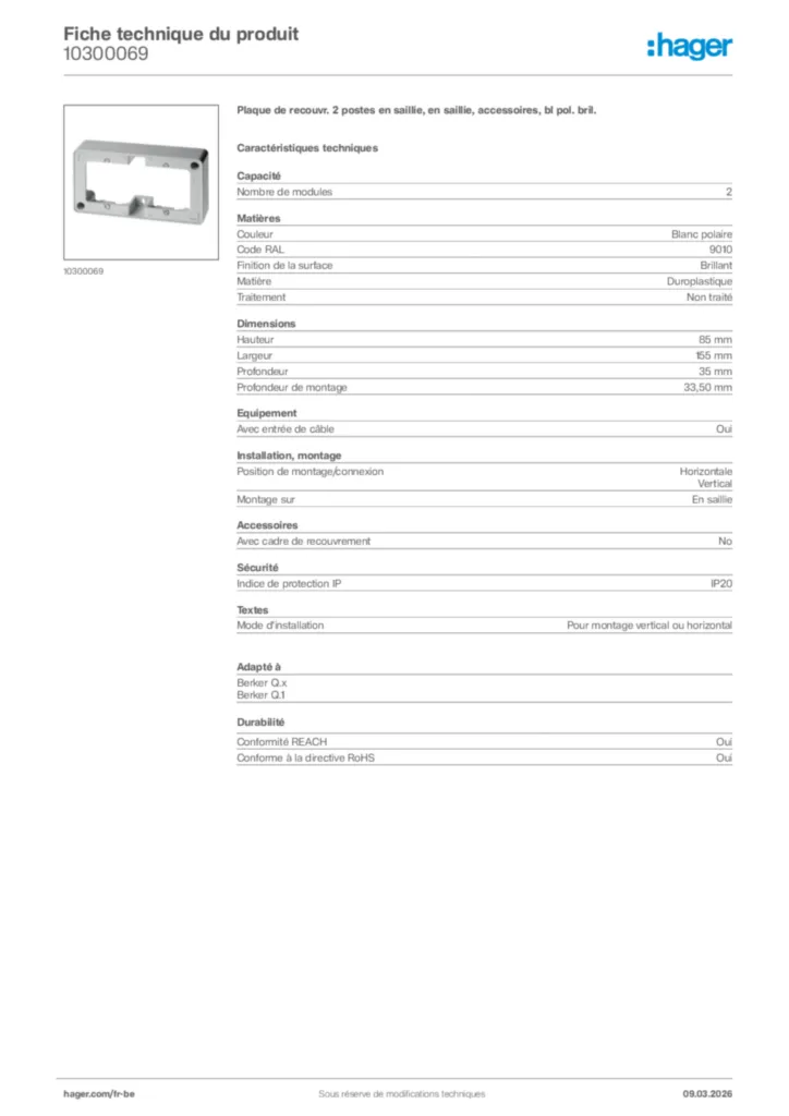 Image Hager Fiche technique du produit 10300069 | Hager Belgique