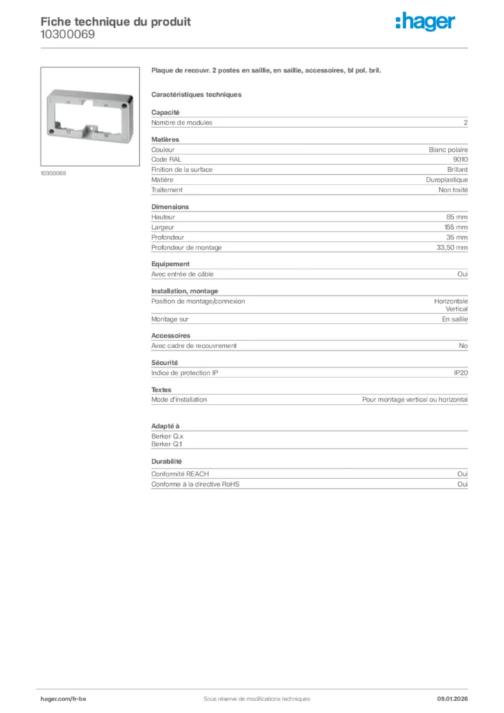 Image Hager Fiche technique du produit 10300069 | Hager Belgique