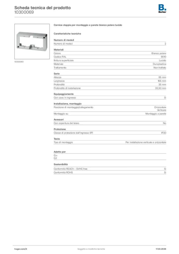 Immagine Berker Scheda tecnica del prodotto 10300069 | Hager Italia