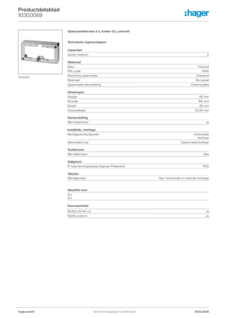 Afbeelding Hager Productdatablad 10300069 | Hager Nederland