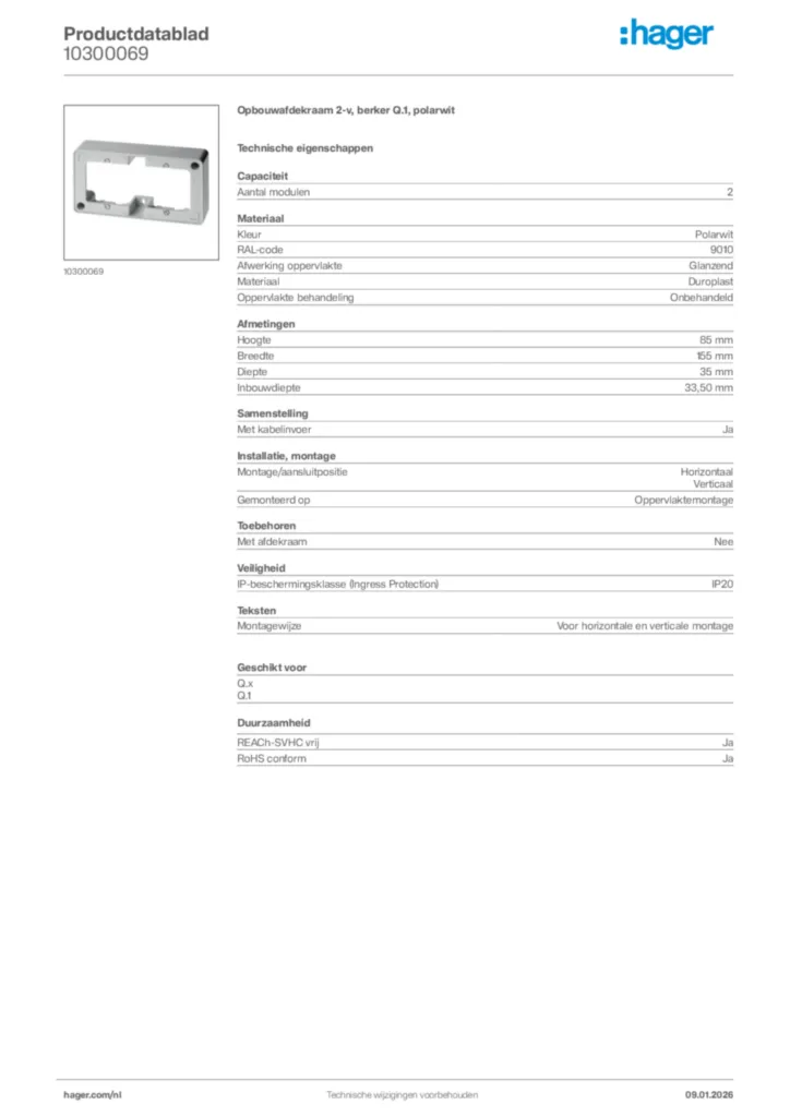 Afbeelding Hager Productdatablad 10300069 | Hager Nederland