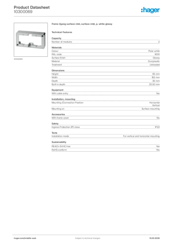 Image Hager Product data sheet 10300069  | Hager