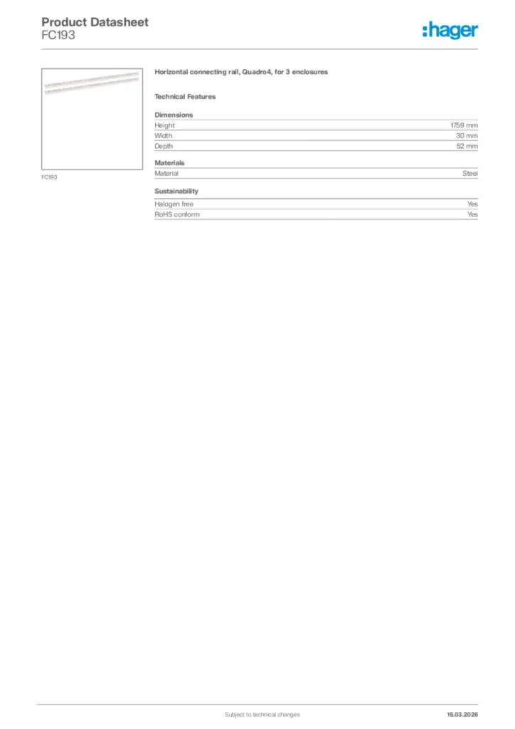 Image Hager Product data sheet FC193  | Hager Africa
