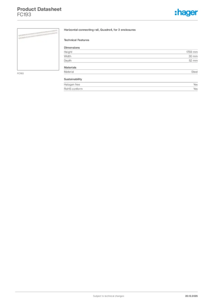 Image Hager Product data sheet FC193  | Hager Africa