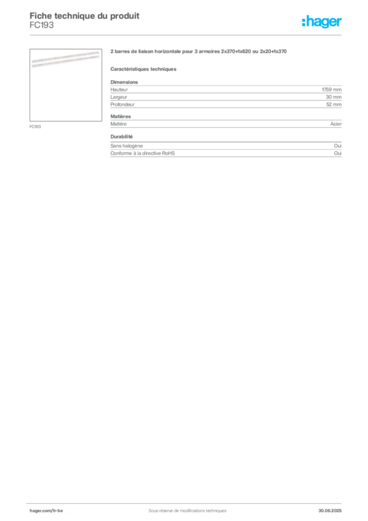 Image Hager Fiche technique du produit FC193 | Hager Belgique