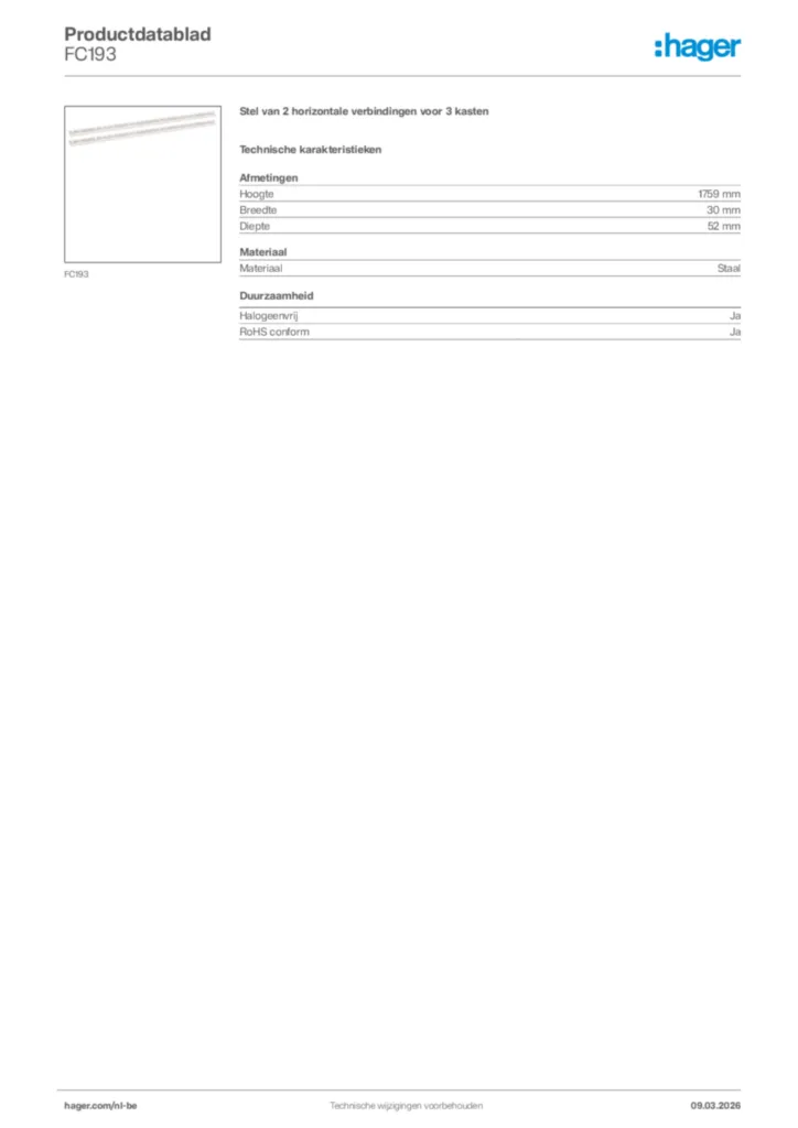 Afbeelding Hager Productdatablad FC193 | Hager Belgium