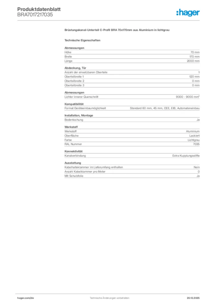 Bild Hager Produktdatenblatt BRA7017217035 | Hager Deutschland