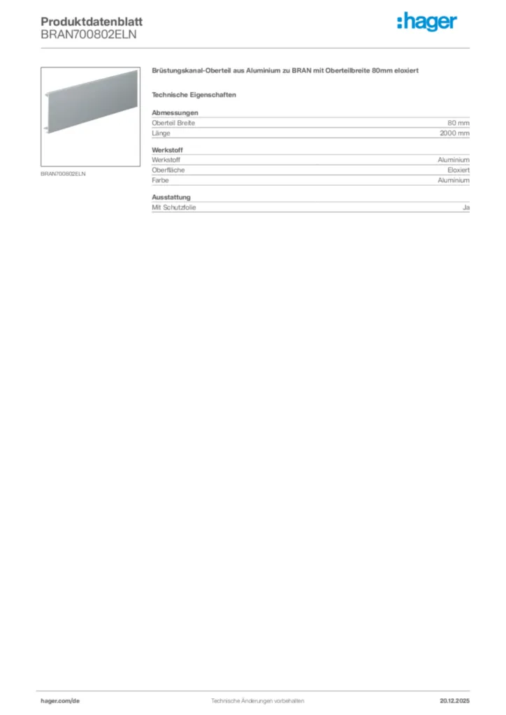 Bild Hager Produktdatenblatt BRAN700802ELN | Hager Deutschland