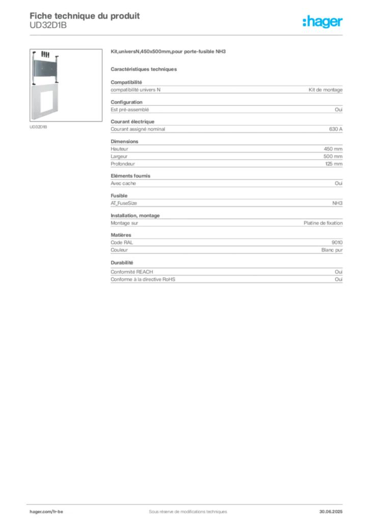Image Hager Fiche technique du produit UD32D1B | Hager Belgique
