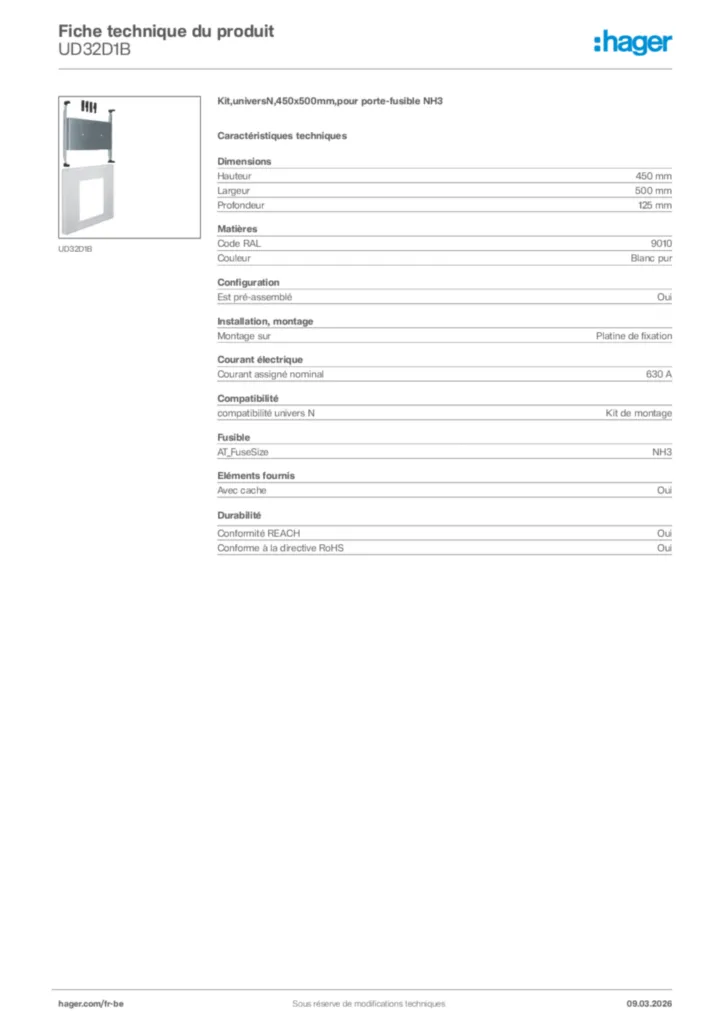 Image Hager Fiche technique du produit UD32D1B | Hager Belgique