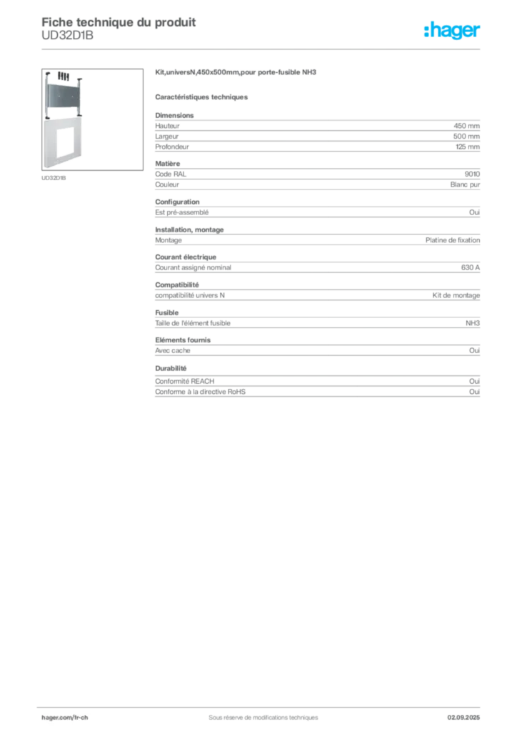 Image Hager Fiche technique du produit UD32D1B | Hager Suisse