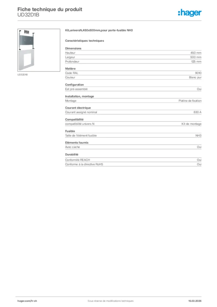 Image Hager Fiche technique du produit UD32D1B | Hager Suisse
