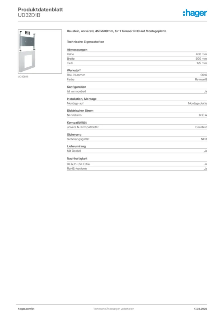 Bild Hager Produktdatenblatt UD32D1B | Hager Deutschland