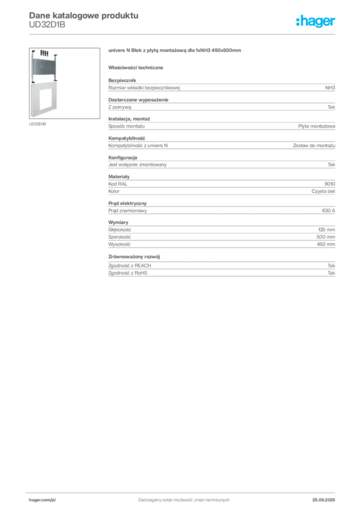 Zdjęcie Hager Karta katalogowa UD32D1B | Hager Polska