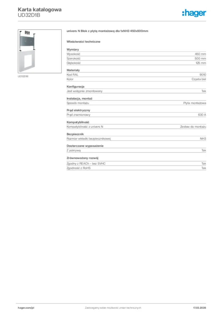 Zdjęcie Hager Karta katalogowa UD32D1B | Hager Polska
