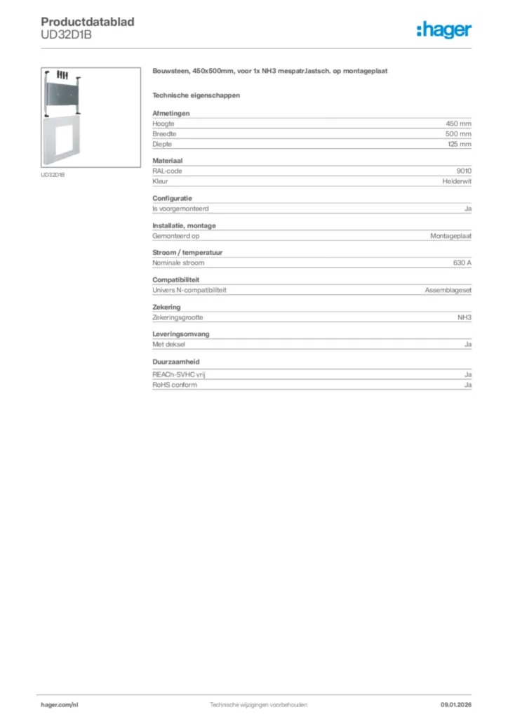 Afbeelding Hager Productdatablad UD32D1B | Hager Nederland