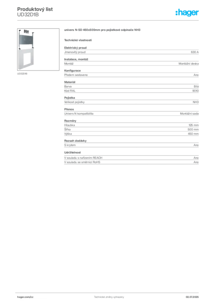 Obrázek Hager Produktový list UD32D1B | Hager